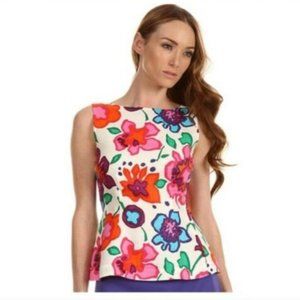 Kate Spade Tatiana White Floral Peplum Blouse Size 2 Linen V Back Sleeveless